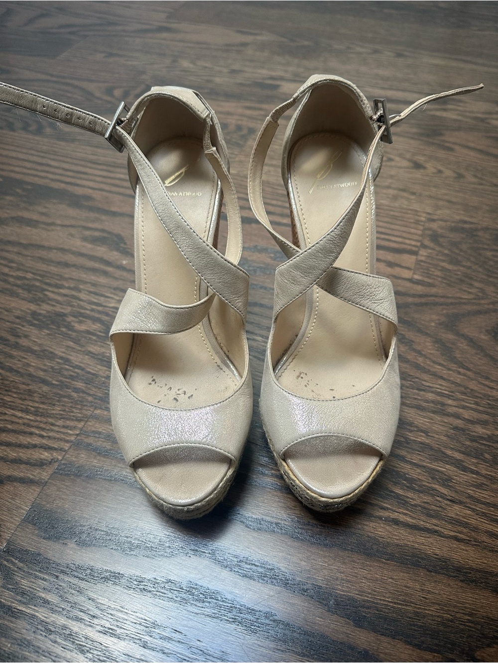 Brian Atwood Beige Strappy Espadrille Wedge Sandals